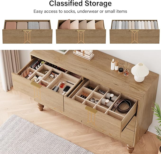 IDEALHOUSE Modern Wooden 6 Drawer Dresser with Vintage Pattern Design, Chest Dresser with Deep Drawers for Bedroom, Living Room and Entryway, Oak and Gold