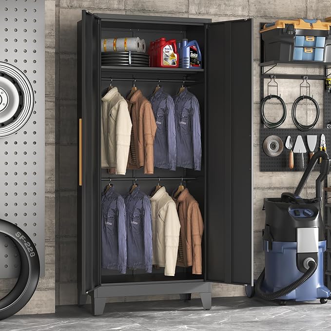 72" Tall Metal Armoire Wardrobe Closet - Large Clothing Storage Cabinet with Mirror Doors, 2 Hanging Rod & Adjustable Shelve - Closet Organizer for Bedroom, Office, Laundry Room, Garage - Black