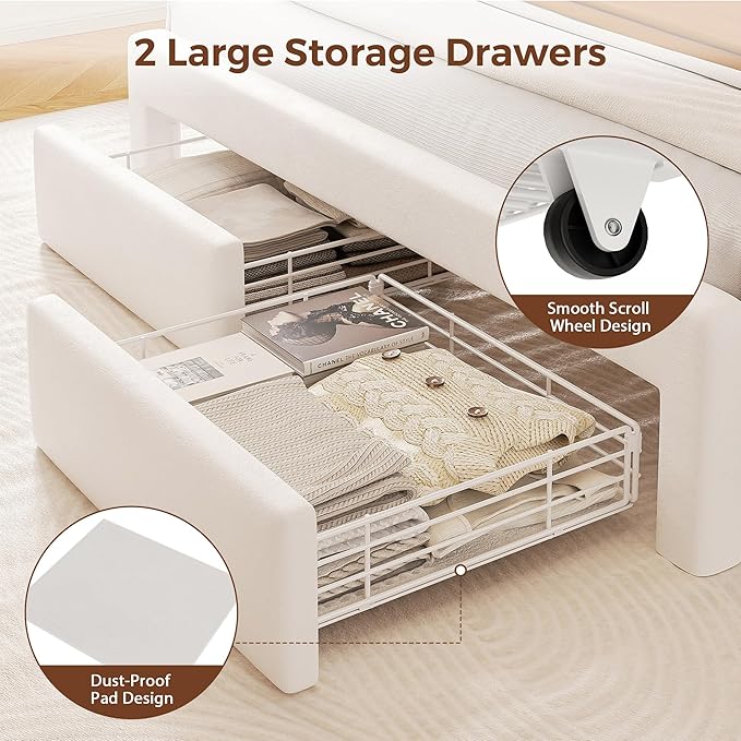 Queen Size Bed Frame with LED Storage Headboard & 2 Storage Drawers, Velvet Upholstered Bed with Vertical Tufted Headboard Design, USB & Type-C Charging Ports, Wooden Slats Support, Noise-Free, Beige