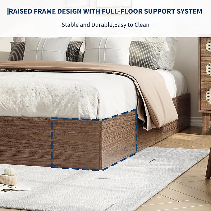 IDEALHOUSE Queen Bed Frame with 2 Storage Drawers, Wooden Bed Frame Without Headboard, Minimalist Floor Platform Bed, Wood Slat Support, Noise Free, No Box Spring Needed, Easy Assembly