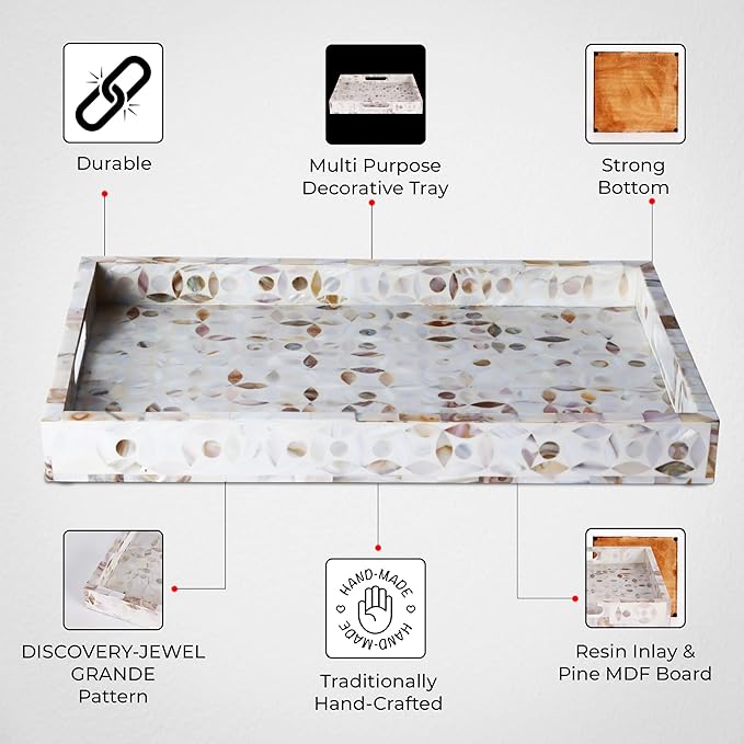 Handicrafts Home 17x11 Decorative Tray, Rectangular Ottoman Coffee Table Tray, Serving Tray, Gift Tray, Mother of Pearl Resin Inlay Wood Tray with Handles for Living Room Dining Centerpiece Display