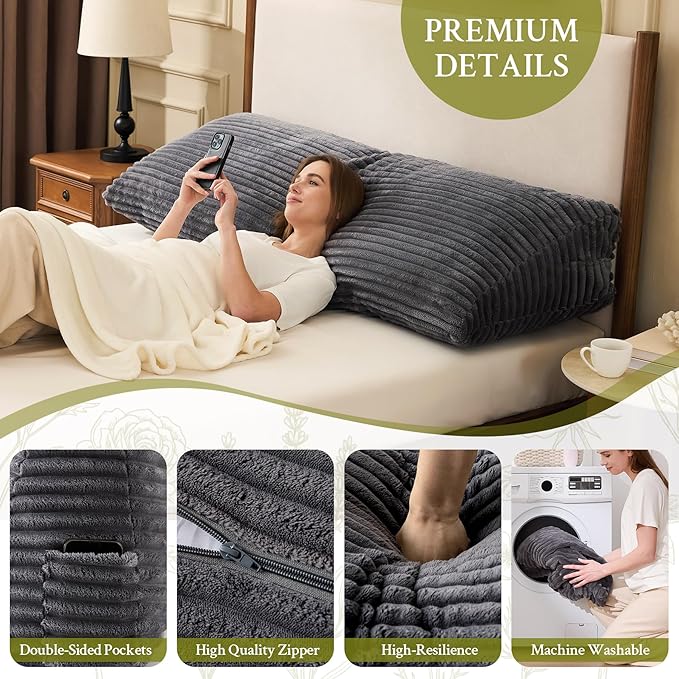 Headboard Pillow Full, Headboard Wedge Pillow, Back Rest Pillows for Sitting, Reading, Working, Triangle Pillow with Removable Cover, Daybed Pillows for Bed Dorm Sofa, Dark Grey