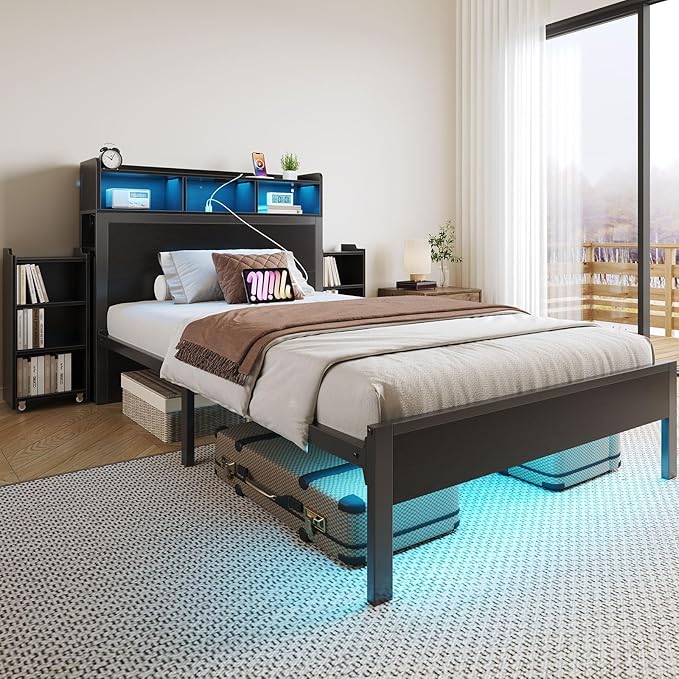 Rolanstar Twin Bed Frame with Bookcase Storage Headboard, Slide Out Bedside Storage, Bed with Charging Station & LED Lights, Heavy Duty Metal Slats, No Box Spring Needed, Noise Free, Black