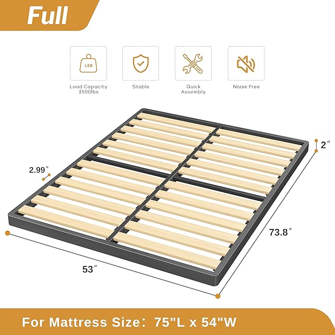 MAF 2 Inch Full Size Box Spring, Low Profile Box Spring with Round Corners, Bunkie Board with Wood Slats Bed Slat Replacement 3500 lbs Black Heavy Duty Metal Mattress Foundation, Easy Assembly