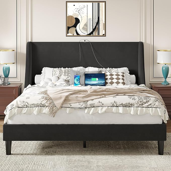 VECELO Queen Bed Frame with Upholstered Wingback Headboard, Heavy-Duty Platform Bedframe with Charging Station, Wooden Slats, No Box Spring Needed, Grey