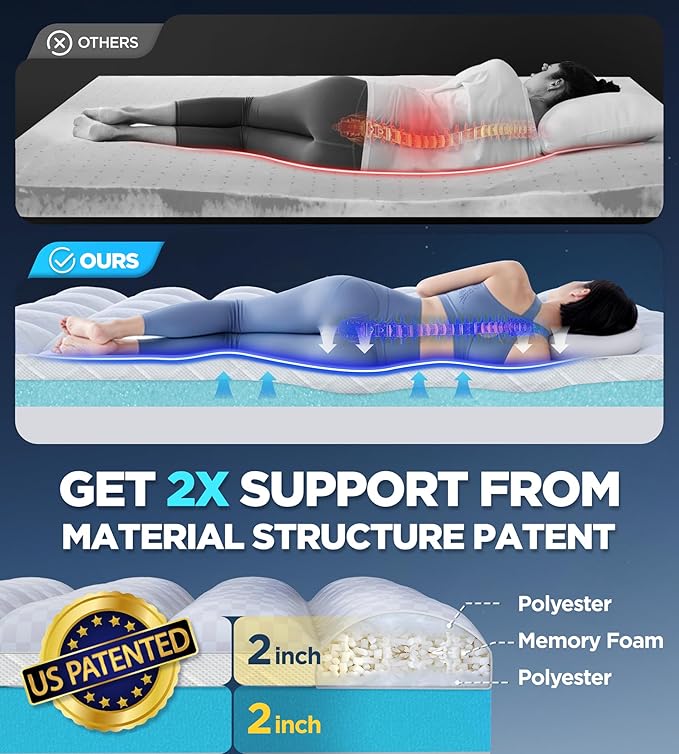Dual Layer Memory Foam Mattress Topper for Pain Relief with 2X Support, 2" Fluffy Pillow Top California King Mattress Topper Plus 2" Odor-Free Cooling Gel Memory Foam Ultra Comfort Mattress Pad