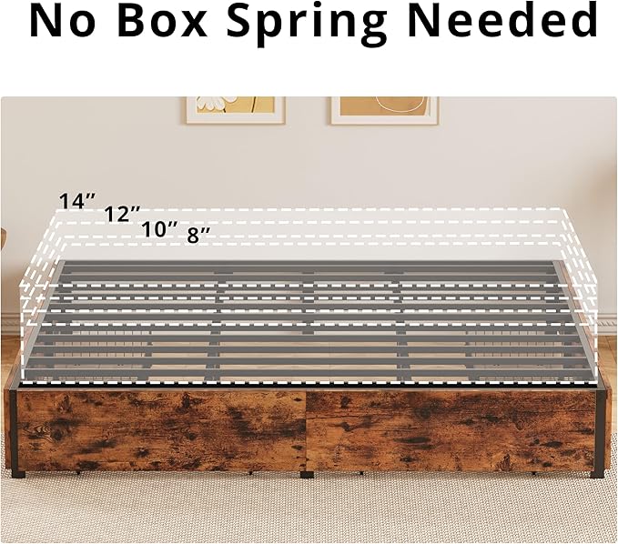 LIKIMIO King Bed Frame with Storage, 4 Drawers and Heavy Strong Metal Support Frames, Solid Stable, No Box Spring Needed, Noise-Free, Easy Assembly, Industrial Brown