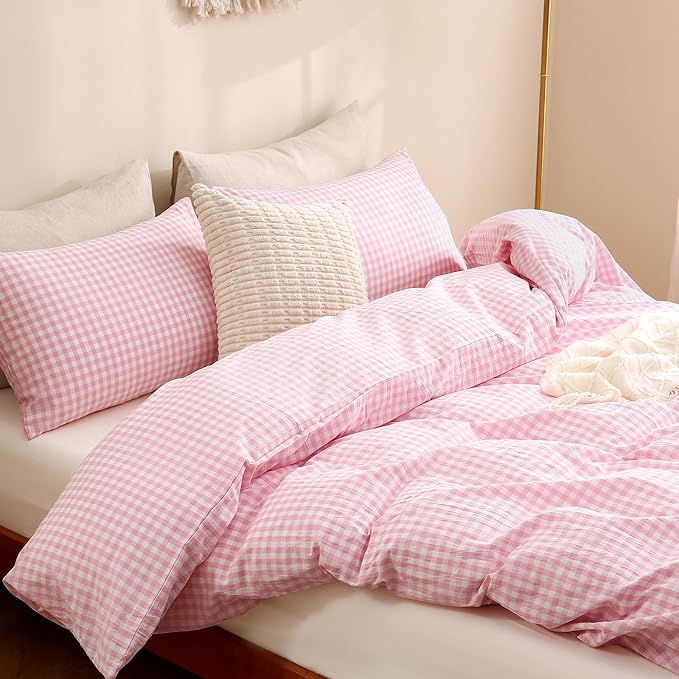 TOCOMOA Pink Gingham Duvet Cover Bedding Set 100% Washed Cotton Like Linen Feel Super Soft Comfortable 3 Piece Cute Plaid Checkered Comforter Cover Set (Full 80"x90", Comforter Not Included)