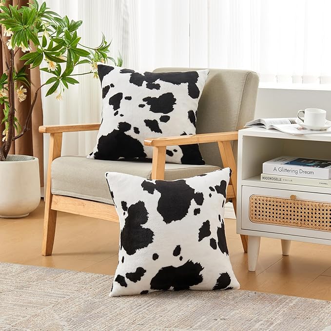 SOCHOW Decorative Throw Pillow Covers 18x18 Inches Set of 2, Soft Cow Print Flannel Fleece Pillowcase Square Cushion Covers for Sofa Couch Bed, Black/White