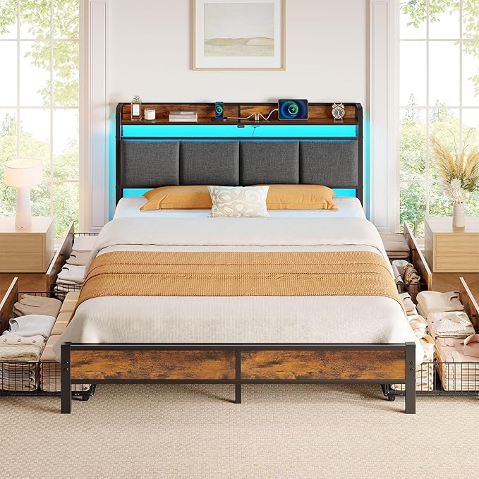 Rolanstar Bed Frame Full Size with Charging Station and LED Lights, Upholstered Storage Headboard with Drawers, Heavy Duty Metal Slats, No Box Spring Needed, Easy Assembly, Rustic Brown