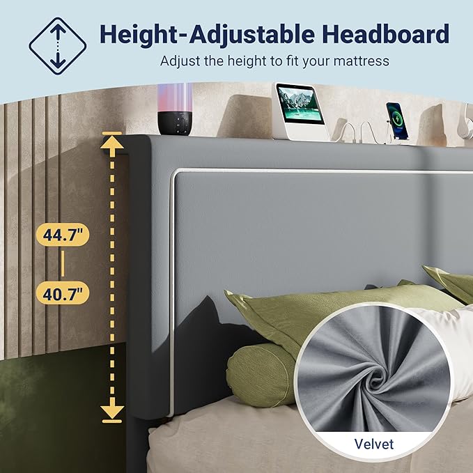 Allewie Queen Size Lift Up Storage Bed Frame with Charging Station & LED Lights, Adjustable Velvet Upholstered Storage Headboard, Type-C & USB Ports, Hydraulic Support, No Box Spring Needed, Grey