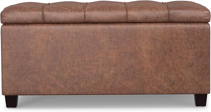 SIMPLIHOME Sienna Storage Ottoman Bench - 33 inch Wide Upholstered Vegan Leather Rectangle Storage Ottoman Bench in Distressed Saddle Brown, Transitional Tufted Ottoman for Living Room with Lift Top
