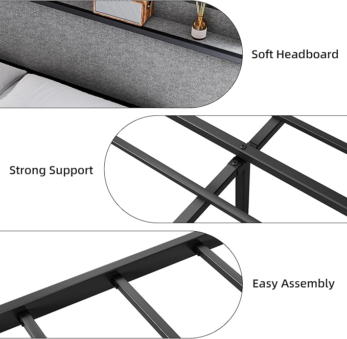 King Size Bed Frame with USB Ports and 2 Storage Drawers, Modern Platform Bed with Upholstered Shelf Headboard, Sturdy, Noise Free, No Box Spring Needed, Gray
