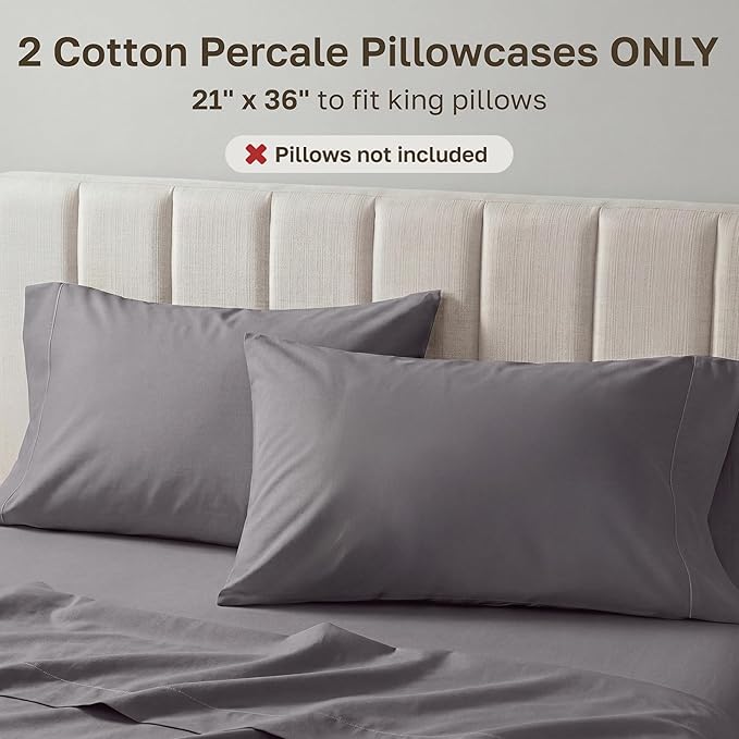 California Design Den 100% Egyptian Cotton King Pillow Cases Set of 2 - Crisp Percale Feel, Soft & Breathable King Pillowcases Cotton Set - Grey