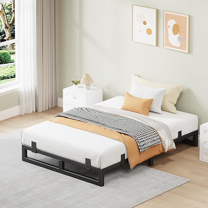 Twin Bed Frames, 6 Inch Metal Platform Bed Frame with Squeak Free U-Slot Design, 6 Non-Slip Guards, 3500lbs Heavy Duty Steel Slat Support, No Box Spring Needed, Under Bed Storage, Black