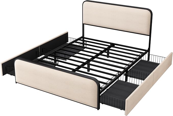 Merax Queen Size Metal Bed Frame with Curved Upholstered Headboard and Footboard, Modern Platfrom Bed & 4 Storage Drawers Under Bed, No Box Spring Needed, Easy Assembly, Beige