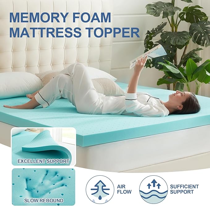 Eiayeebil 3 Inch Memory Foam Mattress Topper Twin XL, Mattress Pad Gel Infused Foam Bed Topper, Ventilated Soft Blue,Twin XL Size