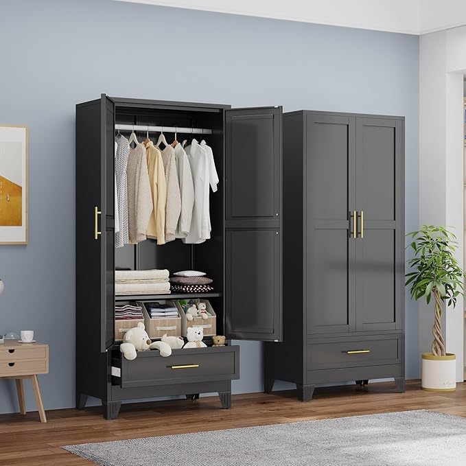 Metal Armoire Wardrobe Closet with Hanging Rod, Clothing Storage Cabinet with Adjustable Shelf and Drawer for Laundry Room, Bedroom, Home Office, Bathroom, 71" Black Large Capacit