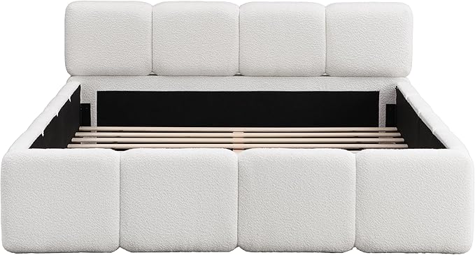 Merax Queen Size Boucle Platform Bed with Thick Headboard and Footboard, Block Style Upholstery Grounded Bed Frame, White