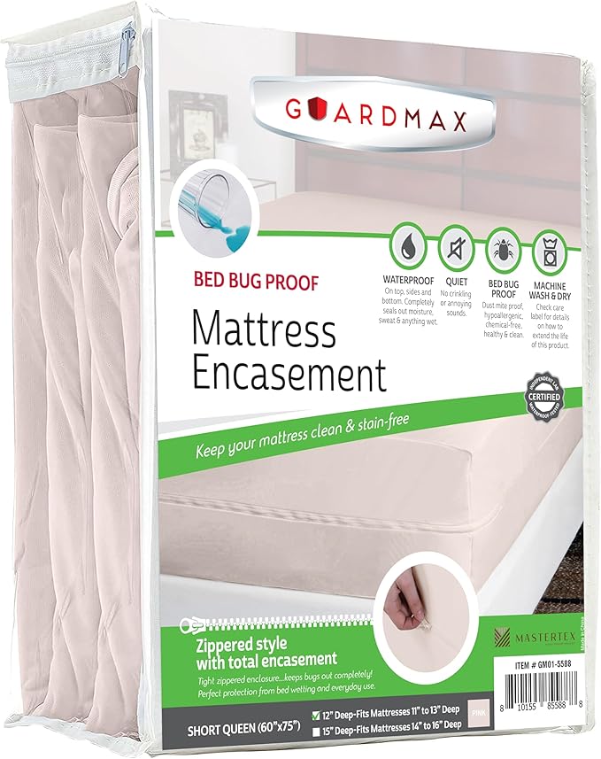 Guardmax Short Queen Mattress Encasement with Zipper, Waterproof, Bed Bug Proof, Dust Mite Proof Mattress Protector for Short Queen Bed up to 12" Deep, Zippered All Around Jersey Knitted Cover