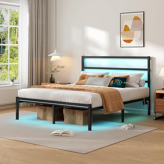 CLIBFENG Queen Size Bed Frame with Headboard,Heavy Duty Steel Slats Support-LED Bed Frame with USB Charging Station,Mattress Foundation-Under Bed Storage,No Box Spring Needed,Noise Free，Black