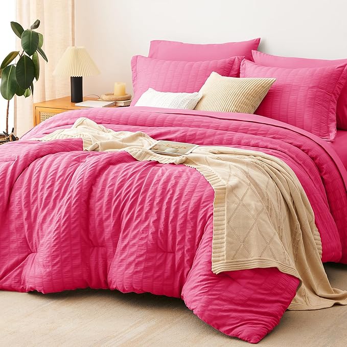 CozyLux Full Size Comforter Sets with Sheets 7 Pieces, Hot Pink Seersucker Bed in a Bag Textured Luxury Soft Bedding Set with Down Alternative Comforter, Sheets, Pillowcases & Shams for All Season
