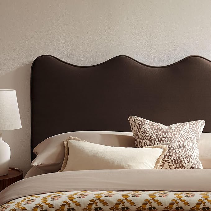 Monday Athena Queen Size Performance Velvet Adjustable Headboard in Chocolate Brown - with Scalloped Wave Design and Stain-Resistant Velvet Upholstery