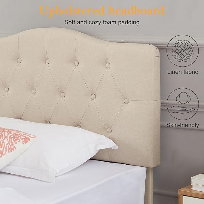 VECELO Twin Size Bed Frame Upholstered Platform with Tufted Adjustable Headboard/Mattress Foundation with Wood Slat Support, Easy Assembly,Beige