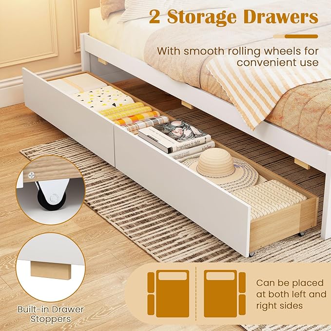 Giantex Queen Size Bed Frame with 2 Storage Drawers, Solid Wood Platform Bed with Slats Support, Heavy Duty Daybed with Storage, No Box Spring Needed, Queen Bed Frames for Teens Adults, White