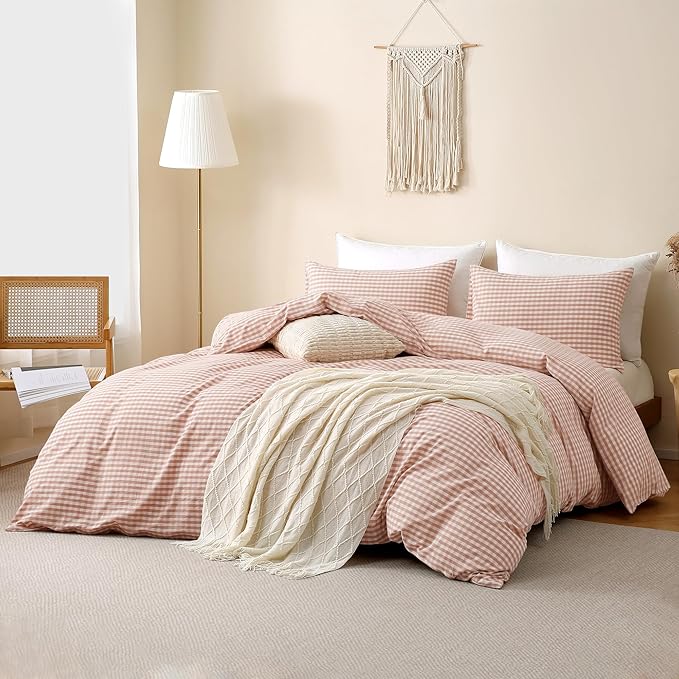 TOCOMOA Pink Tan Gingham Duvet Cover Bedding Set 100% Washed Cotton Like Linen Feel Super Soft Comfy 3 Piece Vintage Plaid Checkered Fall Comforter Cover Set (Full 80"x90", Comforter Not Included)