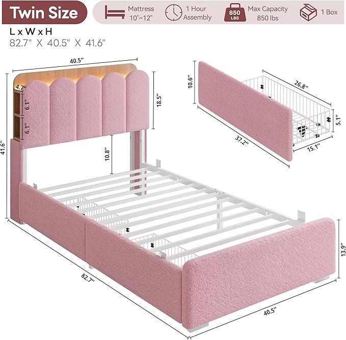 LIKIMIO Twin Bed Frame with 2 DIY Storage Drawers, Bouclé Headboard with Charging Station and LED Lights, Sturdy and Stable, No Box Spring Required, Easy Assembly, Pink