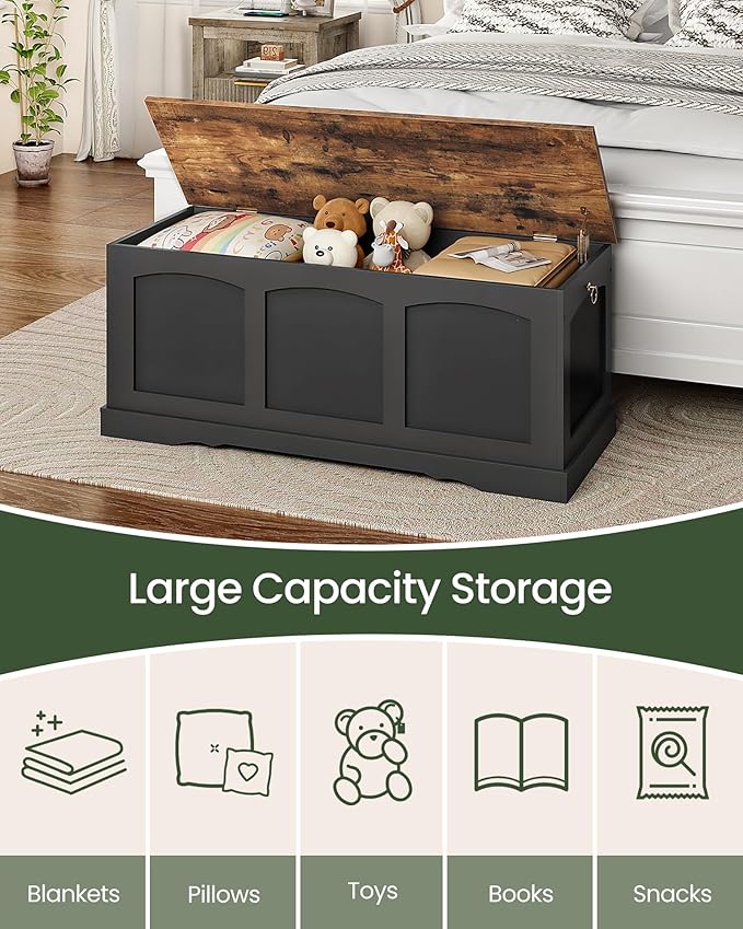 CHOEZON 39.4" Storage Chest Bench with Lift Lid, Toy Chest with Safety Hinge, Entryway Shoe Bench, Wooden Storage Trunk, Holds up to 220 lb, for Living Room, Bedroom, Black and Rustic Brown MCW12BF
