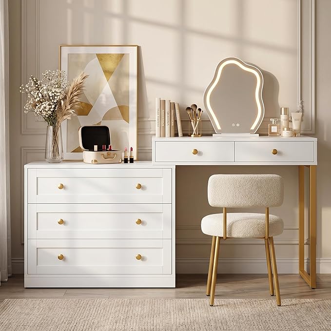 FansaFurn 5-Drawer L-Shaped Vanity Table, Extendable Makeup Vanity Desk with Storage, Modern Dressing Table for Bedroom, Dressing Room, White