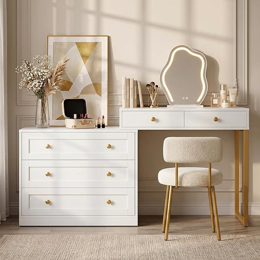 FansaFurn 5-Drawer L-Shaped Vanity Table, Extendable Makeup Vanity Desk with Storage, Modern Dressing Table for Bedroom, Dressing Room, White