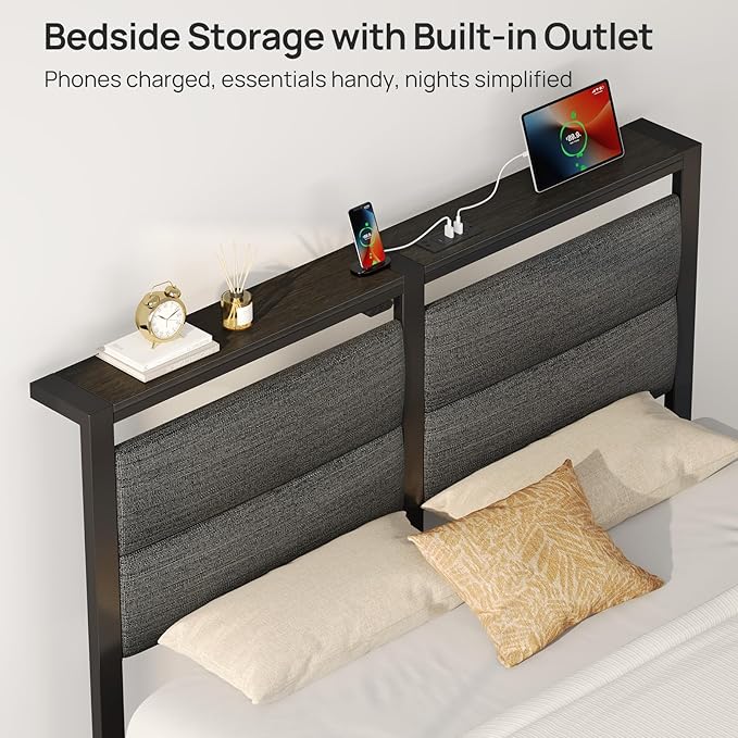 Rolanstar Bed Frame Twin Size with Charging Station, LED Twin Bed Frame with Upholstered Storage Headboard, Platform Bed with Metal Slats & Under Bed Storage, No Box Spring Needed, Noise Free, Grey