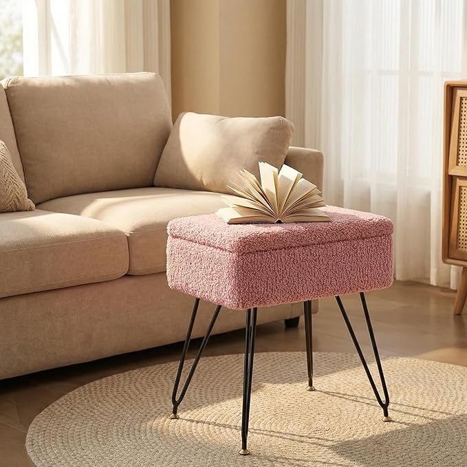 Vanity Stool Chair, Faux Teddy Fur Ottoman Foot Stool with Metal Legs & Adjustable Black Feet, Flip Top Storage Makeup Stool with Soft Padded Seat, Foot Rest for Makeup Room Bedroom, Pink