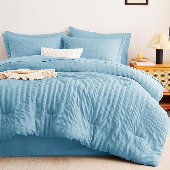 CozyLux Full Size Comforter Sets with Sheets 7 Pieces, Sky Blue Seersucker Bed in a Bag Textured Luxury Soft Bedding Set with Down Alternative Comforter, Sheets, Pillowcases & Shams for All Season