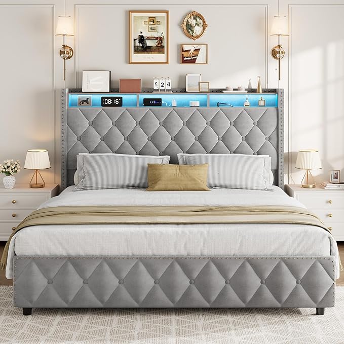GarveeHome King Size Bed Frame with 50.8" Tall Headboard, Platform Velvet Upholstered Bed Frame with 4 Storage Drawers, USB Charging Station, Led Lights, No Box Spring Needed, Easy Assembly, Dark Grey