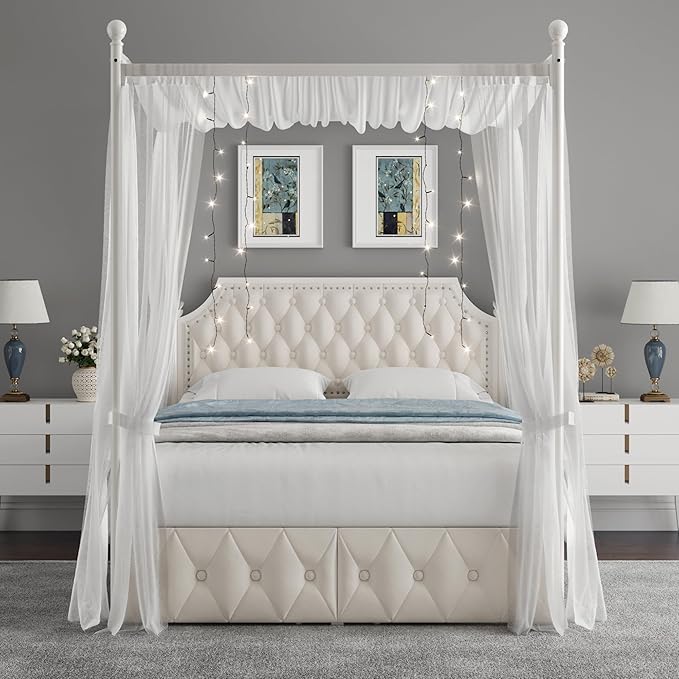 Keyluv Full Upholstered Canopy Bed Frame with 2 Drawers and Button Tufted Headboard, Metal Platform Bed with 4 Removable Posts, Two-Purpose Velvet Bed No Box Spring Needed, Beige/Curtains Not Included