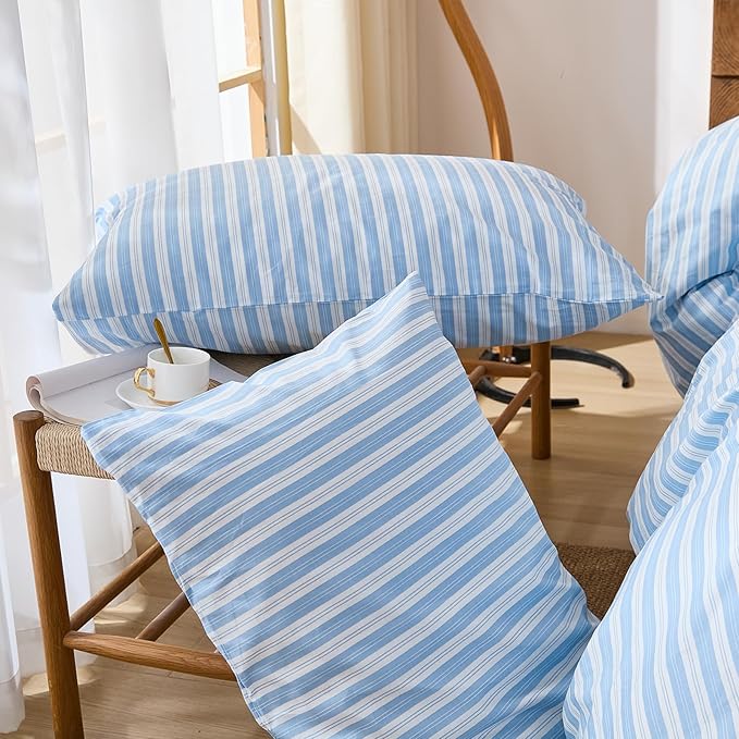 Merryword Blue and White Striped Pillowcases, 100% Cotton Pillow Cases, Standard Size Pillowcases, Soft Breathable Ribbon Stripe Pillow Covers, Set of 2
