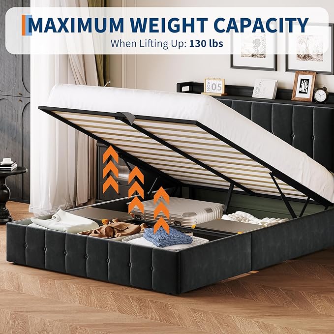 Garvee Queen Size Lift Up Storage Bed, Upholstered Velvet Bed Frame with Storage Headboard, Metal Platform Bed, No Box Spring Needed, Solid Wooden Slats, Noise Free, Black