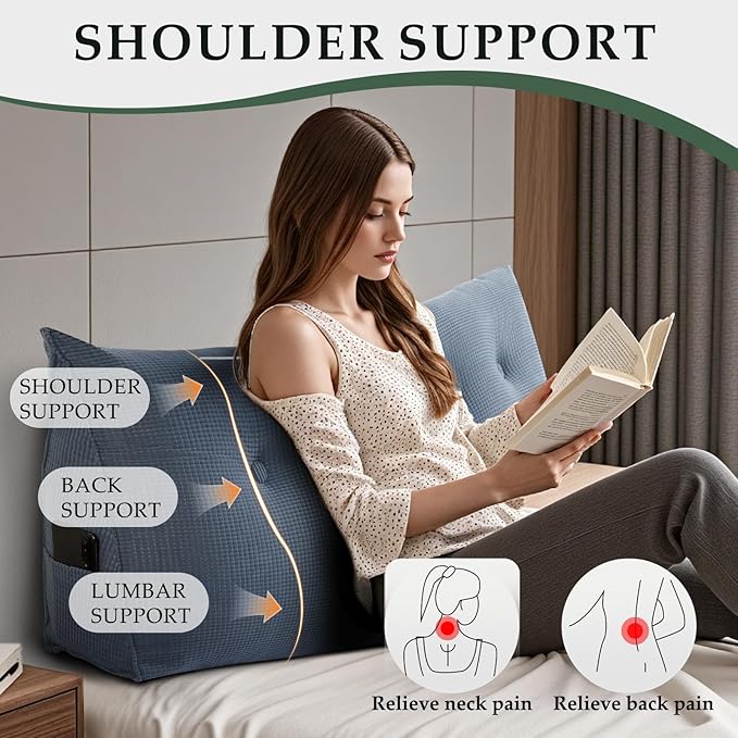 Huatean Home Soft Headboard Pillow Full Size, Wall Backrest Wedge Pillow Headboard Full, Reading Backboard Pillows, Large Dorm Daybed Bolster Pillows for Back Support with Removable Cover, Blue
