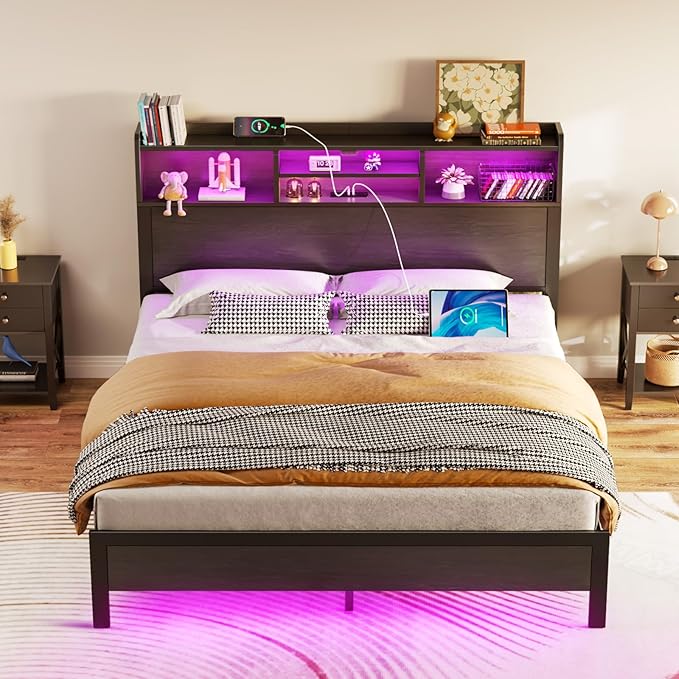 Rolanstar Queen Bed Frame with Storage Headboard & Side Shelf, Metal Platform Bed with Charging Station, LED Bed Frame, Easy Assembly, Noise-Free, Black