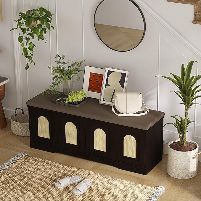 DINZI LVJ Shoe Bench, Boho Entryway Bench with Rattan-Like Doors, Cushion, Adjustable Shelves, 2-Tier Shoe Rack with seat, 47.2”L x 13.8”W Shoe Organizer Cabinet for Hallway, Bedroom, Espresso Rattan