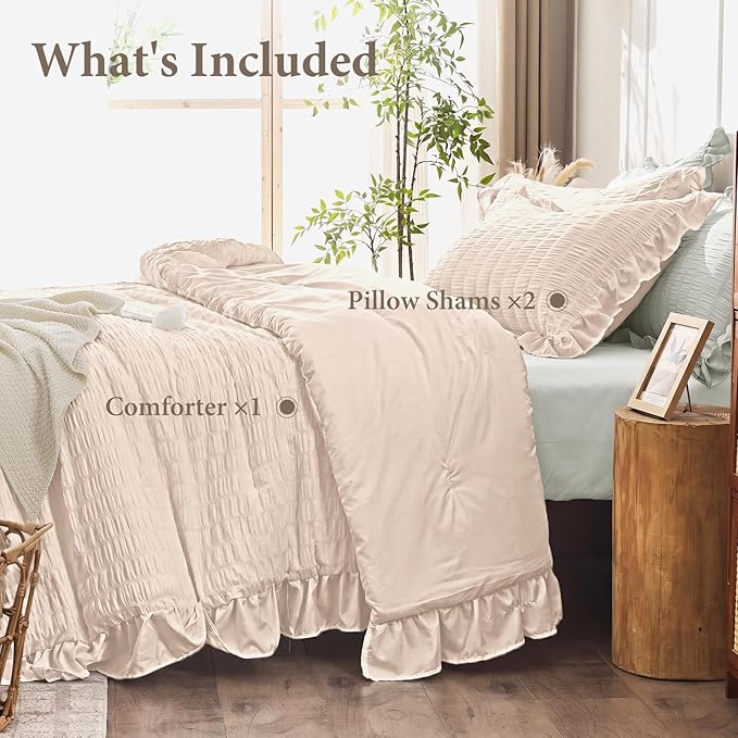 JOLLYVOGUE Beige Queen Comforter Set, 3 Pieces Seersucker Comforters Queen Size, Lightweight & Fluffy Bedding Sets Queen for All Season with 1 Ruffle Comforter and 2 Ruffle Pillowshams