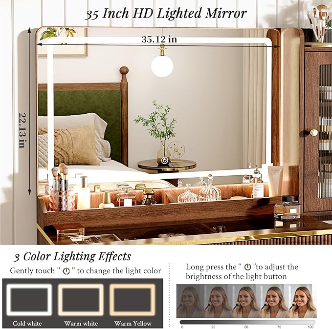 Arulvmrn Vanity Desk with 35.12" HD Lighted Mirror, 46.85" Big Modern Vanity Desk with Mirror and Lights, Makeup Vanity with 7 Drawers and Storage Shelves and Charging Station, Walnut