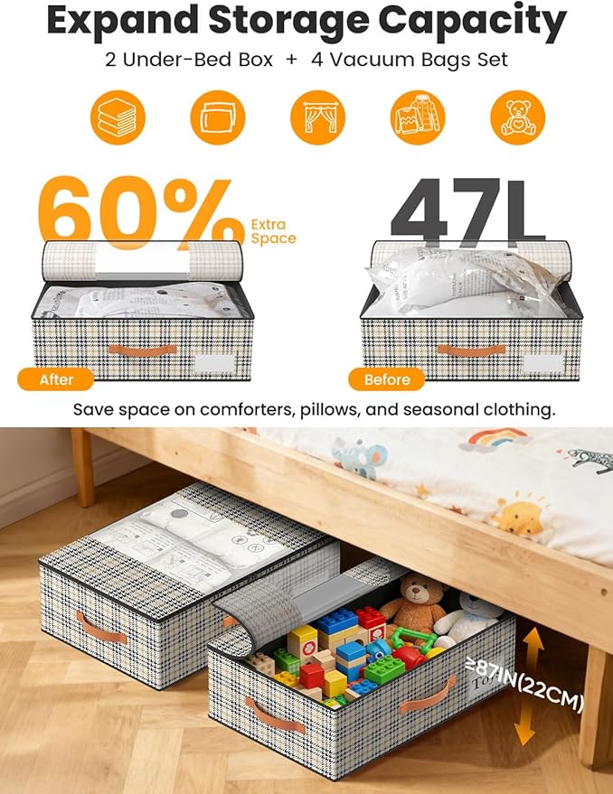 TOSKING 2-Pack Under Bed Storage Bins with Wheels, 4 Vacuum Bags, Heavy Duty 80 lbs, 7.9" Height, 47L Clear Lid Organizer, Space Saver for Dorm Bedroom Clothes Shoes Toys, Quick Assembly, Houndstooth