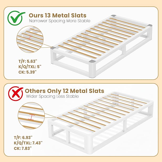 10 Inch Twin Bed Frames with Rounded Corner and Squeak Free U-Slot Design, Metal Platform Bed Frames 6 Non-Slip Guards, 3500lbs Heavy Duty Steel Slat Support, No Box Spring Needed, White