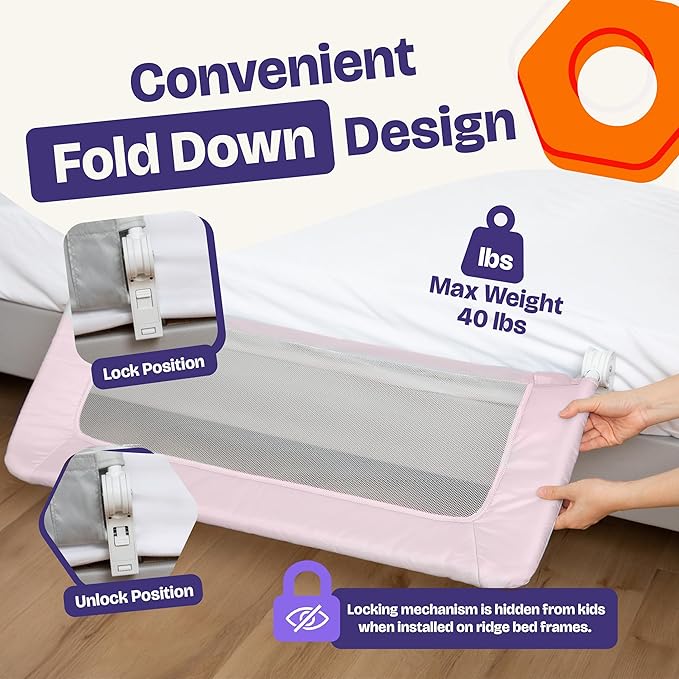 ComfyBumpy 1-Pack Bed Rail for Toddlers 35.5" L x 19.5" H | Toddler Bed Rails for Twin, Full & Toddler Bed Size | Swing Down Bed Rail Guard | Baby Bed Side Rail for Kids | Pink