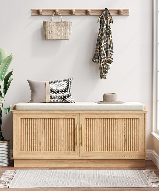 Akxomel Fluted Shoe Storage Bench with Cushion, 39.4" Entryway Bench with Adjustable Shelves and 2 Doors, Shoe Cabinet Bench with Curved Profile, for Hallway, Living Room, Bedroom, Natural Oak
